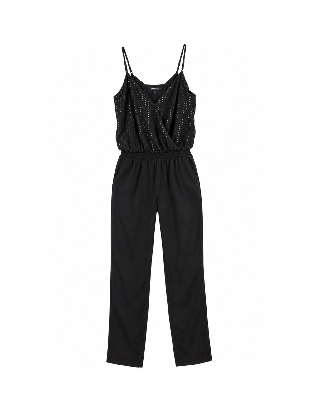 Express Women’s Black Sequin Surplice Jumpsuit Size 6 Sleeveless Straight Leg